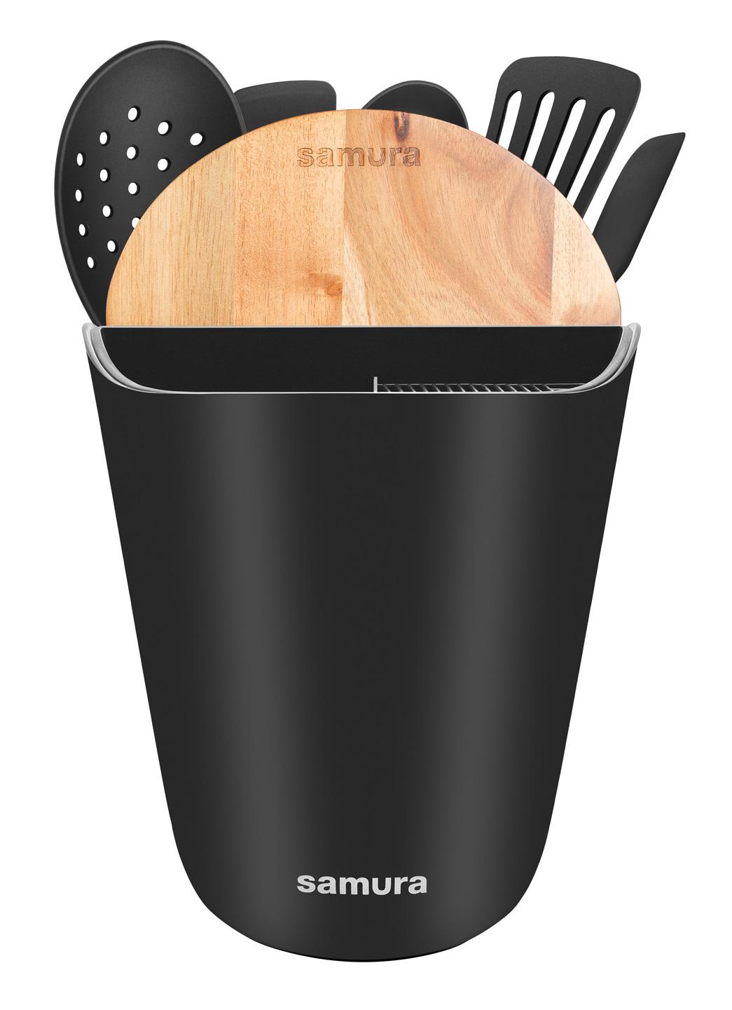 SUH-01B Набор 7 в 1 Samura: подставка для ножей и аксессуаров, разд. доска, 5 кух. акс-в, Черная