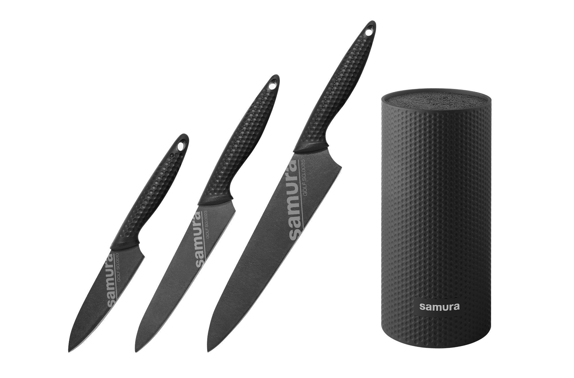 SG-04B Набор из 3 ножей и подставки "Samura GOLF Stonewash" (10B, 23B, 85B)  в подарочной коробке
