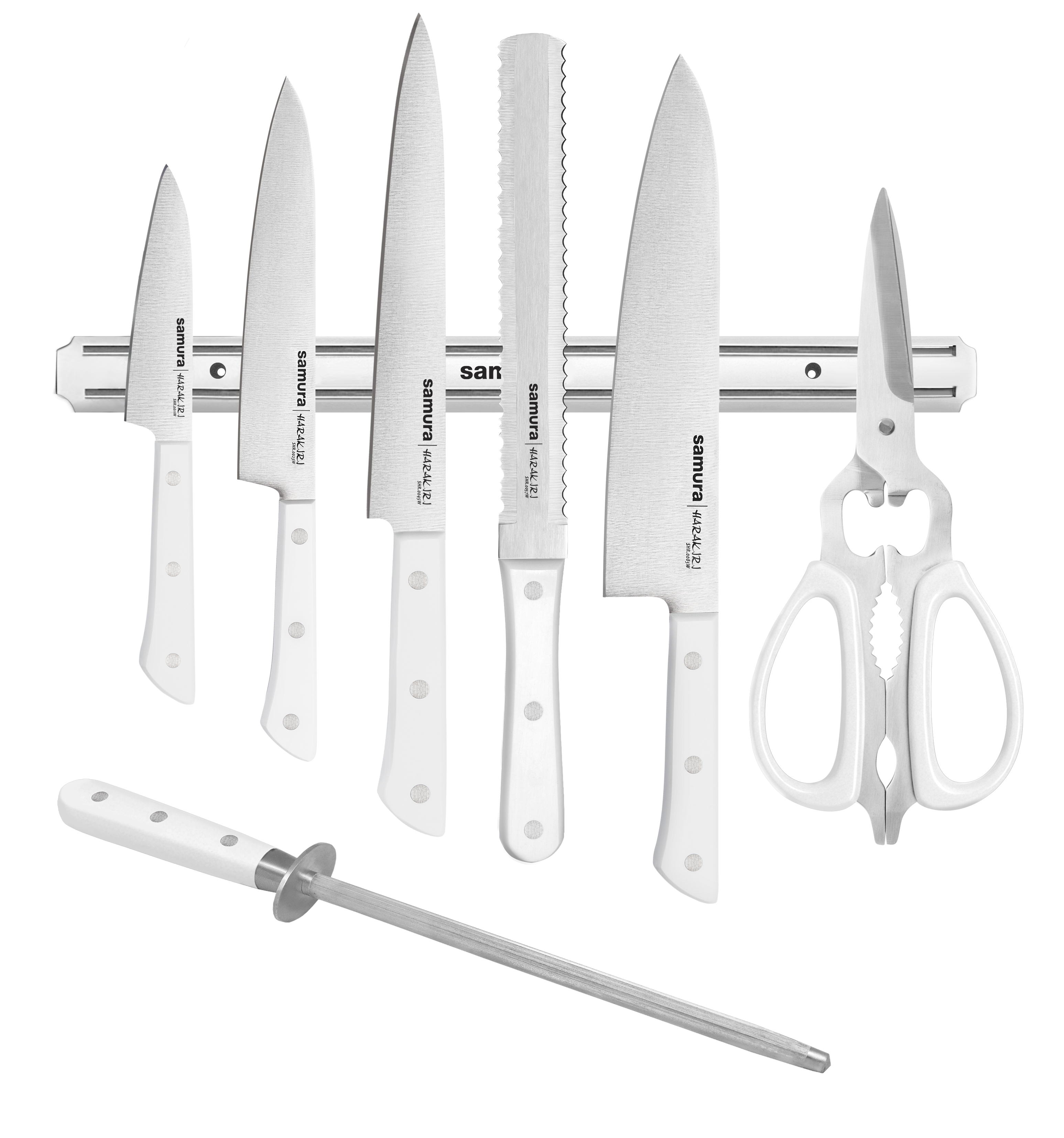 SHR-0280W Набор ножей Super Set 8 в 1 "Samura HARAKIRI" 11,23,45,57,85,мусат,ножницы, м. держатель