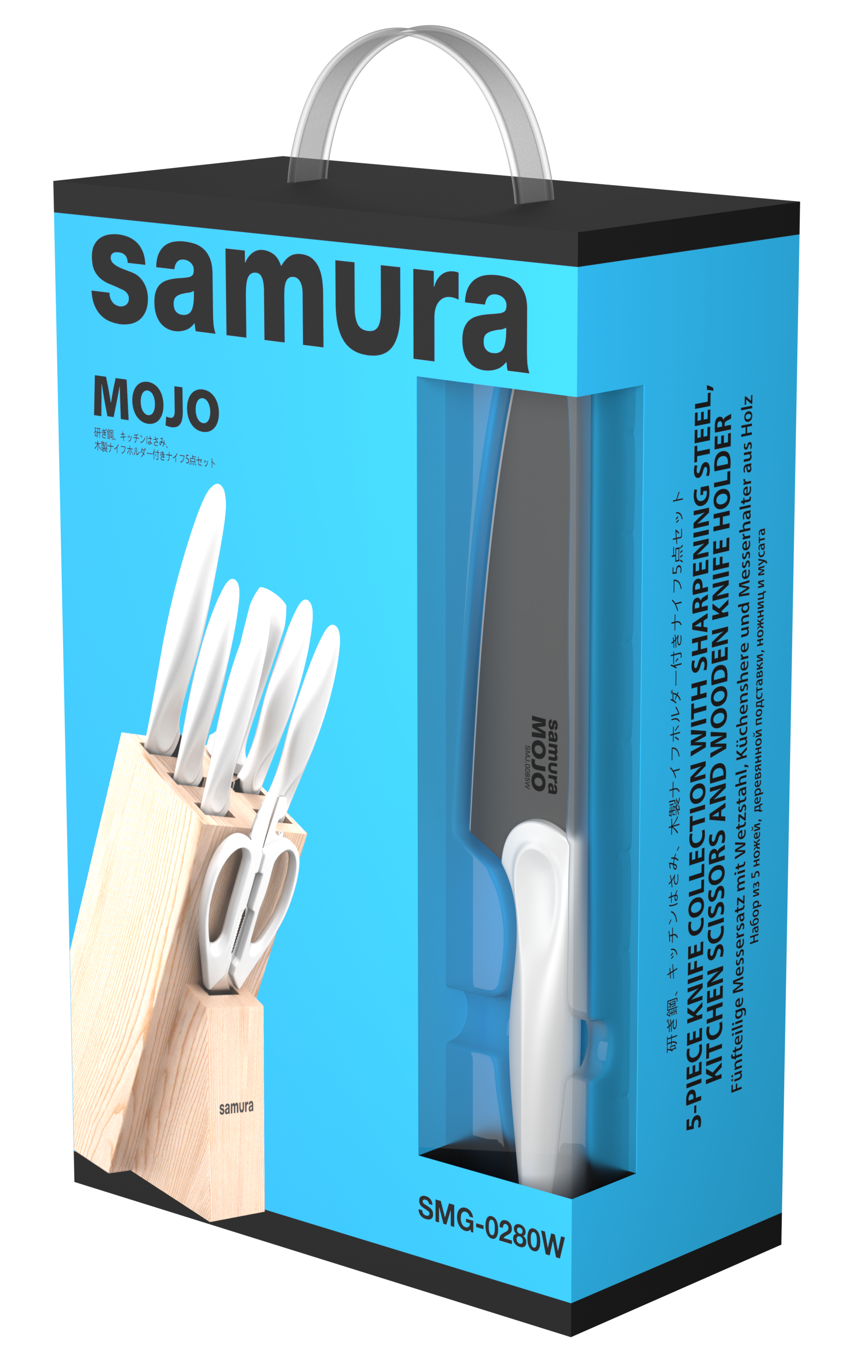 SMJ-0280W Набор из 5 ножей "Samura MOJO" 10,23,48,55,85, мусата, ножниц и подставки, белый