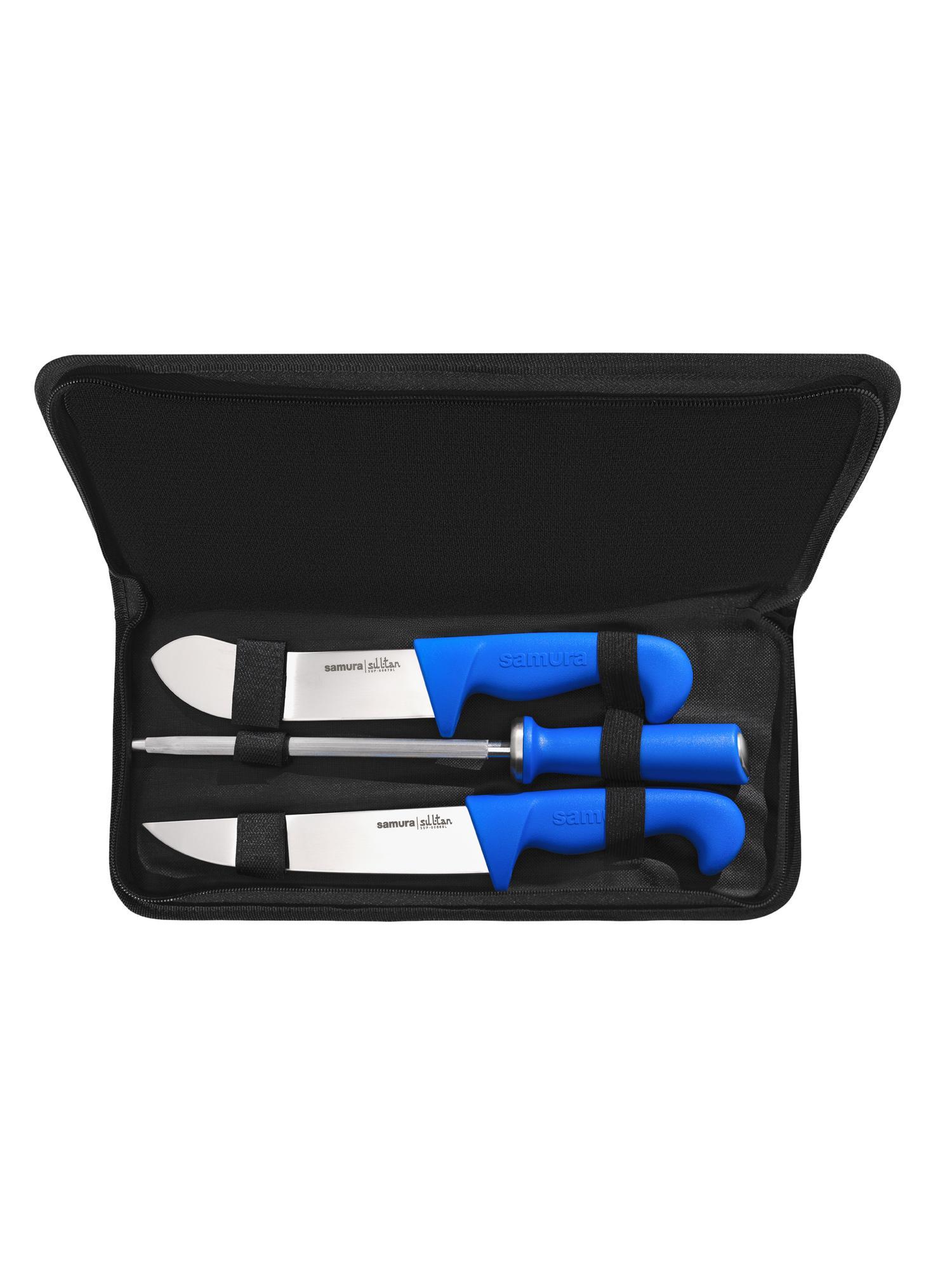 SUP-0230BL Набор 2 ножа "Samura SULTAN PRO" мясницкий, жиловочный и мусат, ТЭП синий, AUS-8